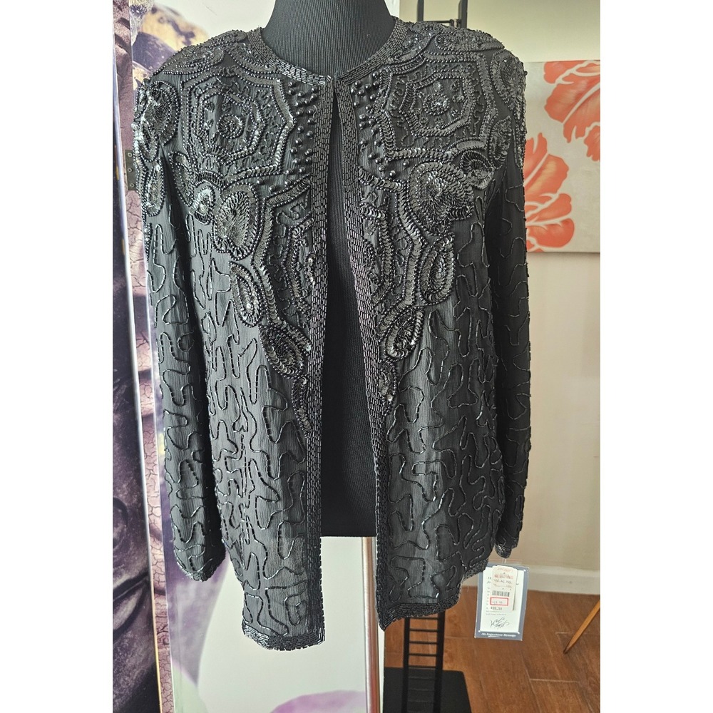 Adrianna Papell Evening Beaded Sequin‎ Jacket Bolero Black Party Elegant Size M - Picture 3 of 11